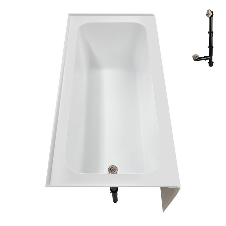 Glossy White Acrylic Rectangular Alcove Bathtub with Brushed Nickel Drain