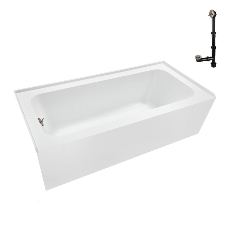 Glossy White Acrylic Rectangular Alcove Bathtub with Brushed Nickel Drain