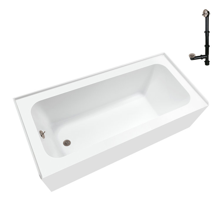 Glossy White Acrylic Rectangular Alcove Bathtub with Brushed Nickel Drain