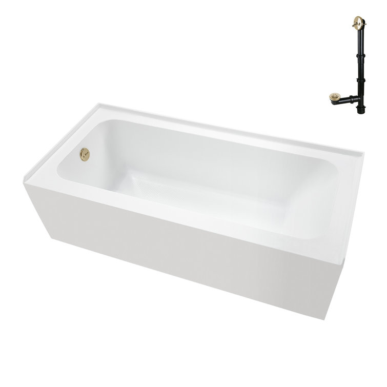 60-Inch Glossy White Acrylic Alcove Bathtub with Polished Brass Drain