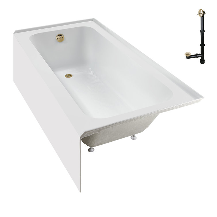 60-Inch Glossy White Acrylic Alcove Bathtub with Polished Brass Drain
