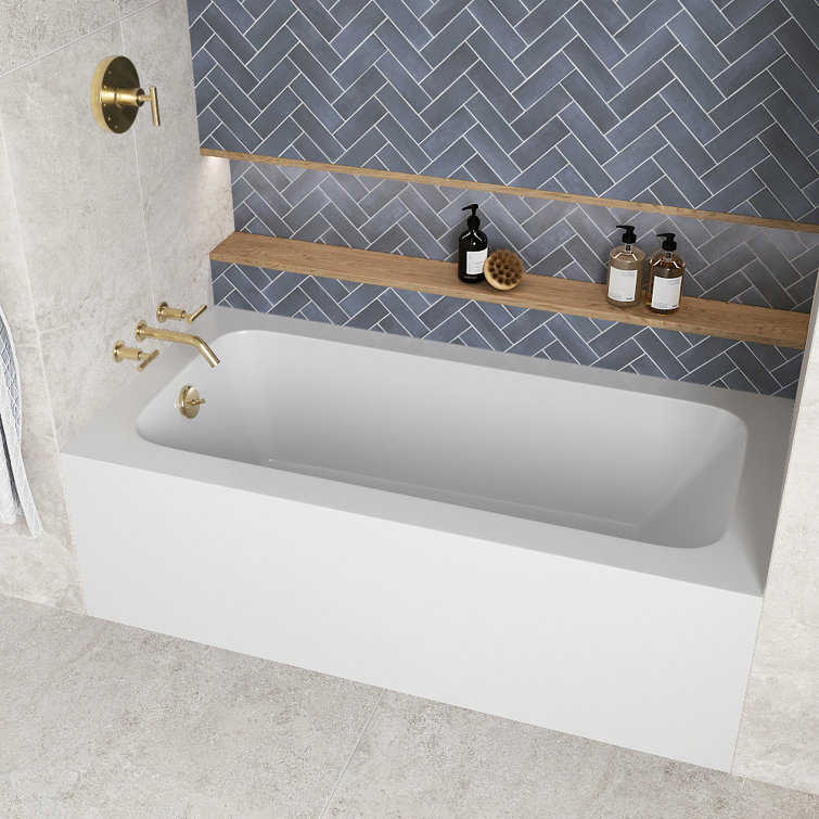 60-Inch Glossy White Acrylic Alcove Bathtub with Polished Brass Drain