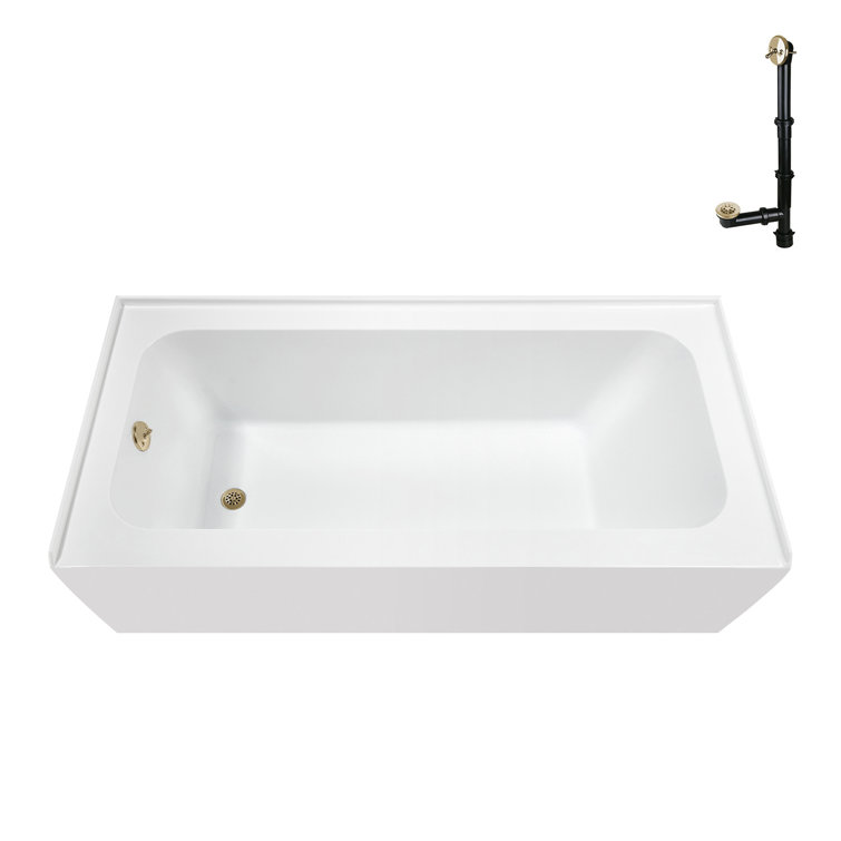 60-Inch Glossy White Acrylic Alcove Bathtub with Polished Brass Drain