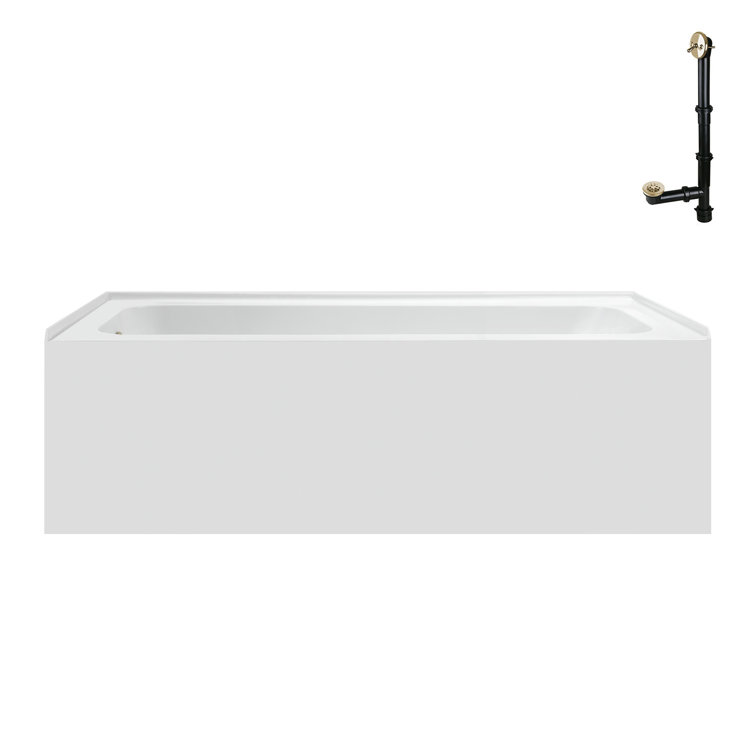 60-Inch Glossy White Acrylic Alcove Bathtub with Polished Brass Drain