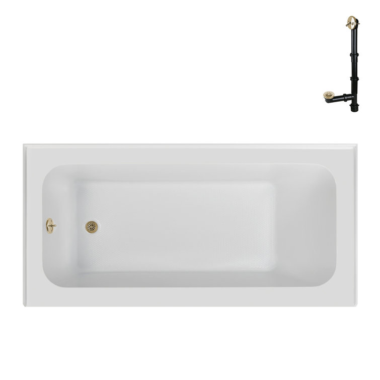 60-Inch Glossy White Acrylic Alcove Bathtub with Polished Brass Drain