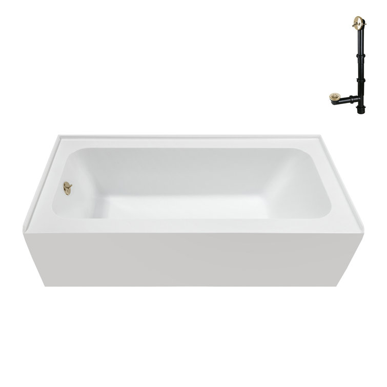60-Inch Glossy White Acrylic Alcove Bathtub with Polished Brass Drain