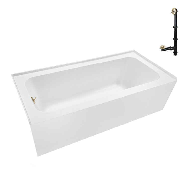 60-Inch Glossy White Acrylic Alcove Bathtub with Polished Brass Drain