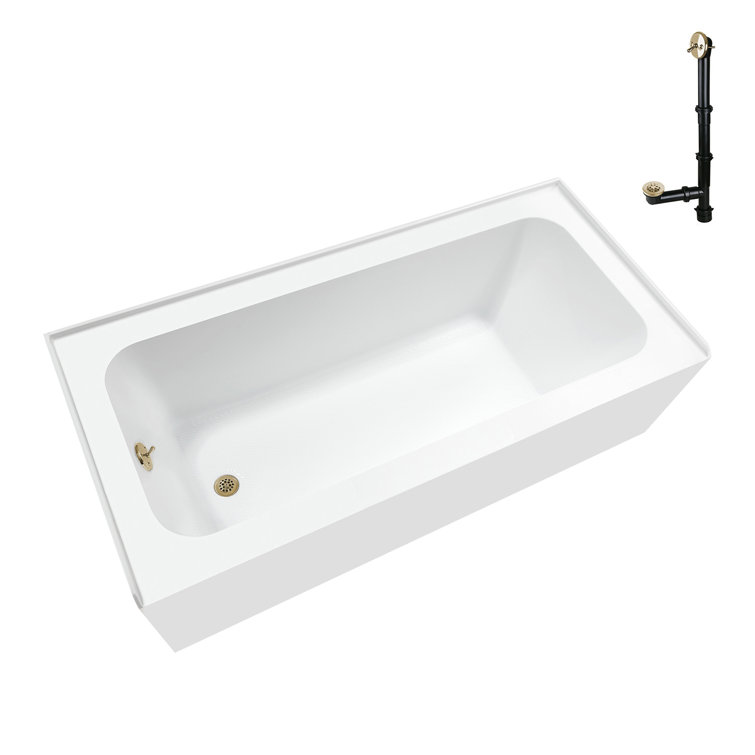 60-Inch Glossy White Acrylic Alcove Bathtub with Polished Brass Drain
