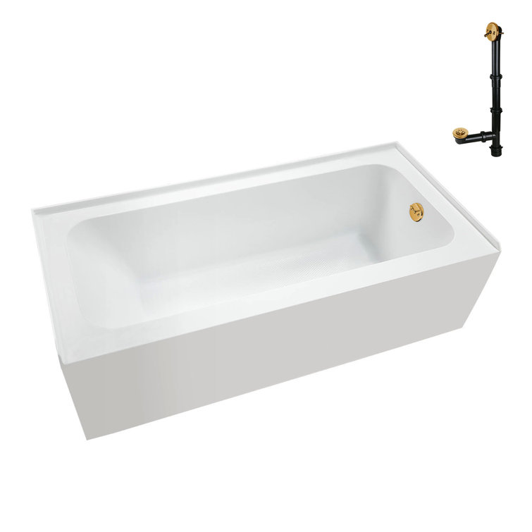 Glossy White Acrylic Alcove Bathtub with Brushed Gold Drain