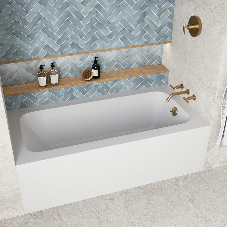 Glossy White Acrylic Alcove Bathtub with Brushed Gold Drain