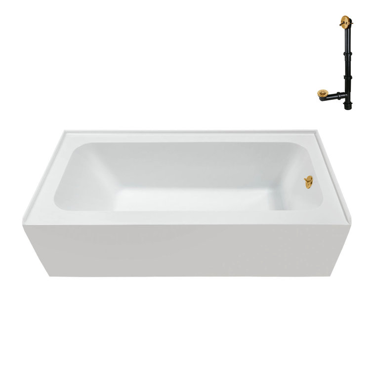 Glossy White Acrylic Alcove Bathtub with Brushed Gold Drain