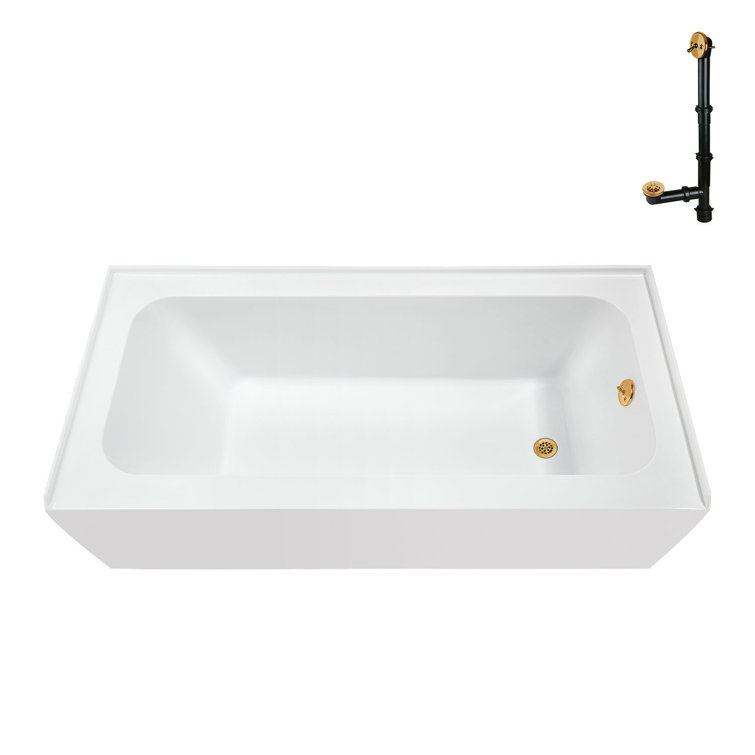 Glossy White Acrylic Alcove Bathtub with Brushed Gold Drain