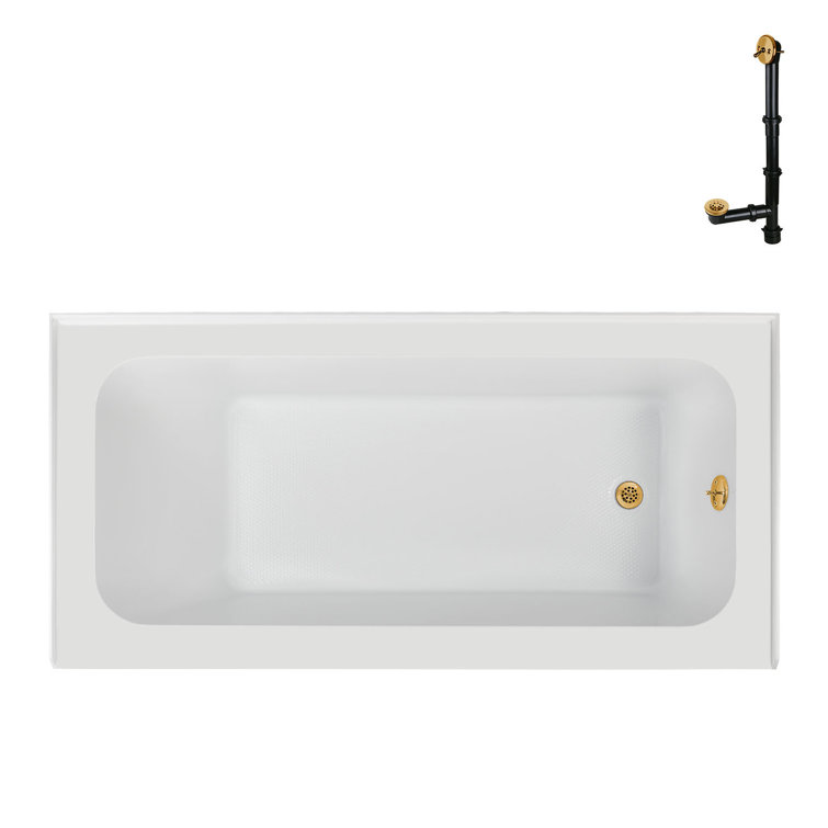Glossy White Acrylic Alcove Bathtub with Brushed Gold Drain