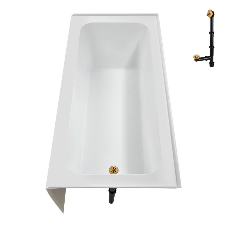 Glossy White Acrylic Alcove Bathtub with Brushed Gold Drain
