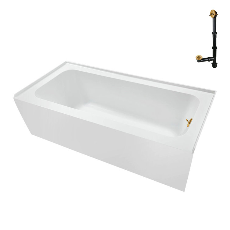 Glossy White Acrylic Alcove Bathtub with Brushed Gold Drain