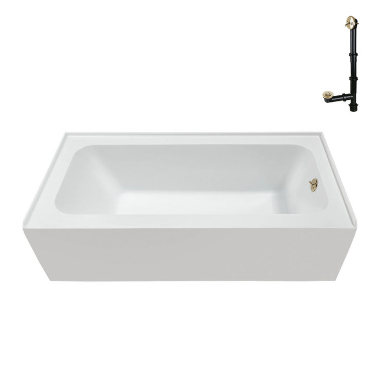 Glossy White Acrylic Rectangular Alcove Bathtub with Polished Brass Drain