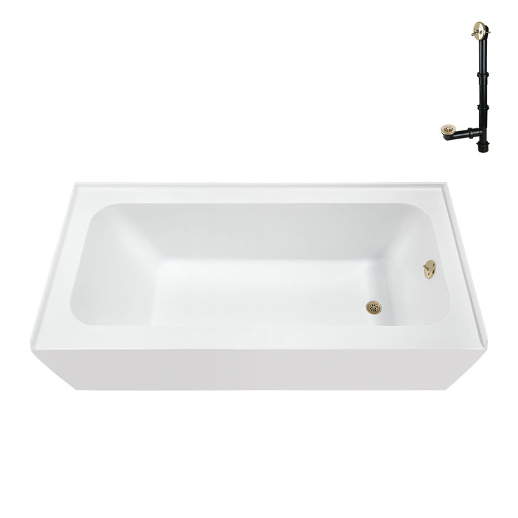 Glossy White Acrylic Rectangular Alcove Bathtub with Polished Brass Drain