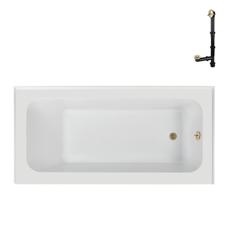 Glossy White Acrylic Rectangular Alcove Bathtub with Polished Brass Drain