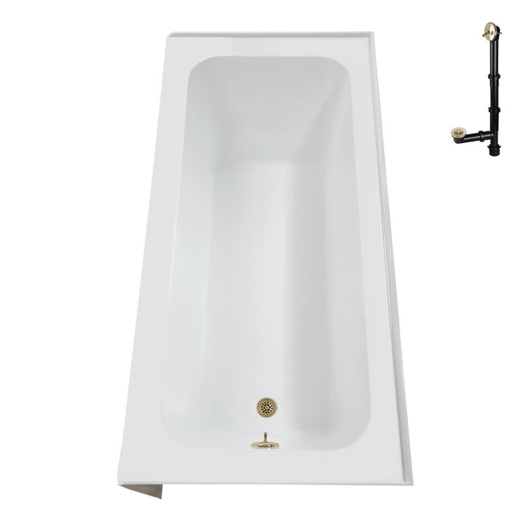 Glossy White Acrylic Rectangular Alcove Bathtub with Polished Brass Drain