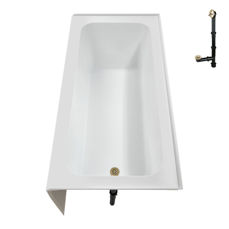 Glossy White Acrylic Rectangular Alcove Bathtub with Polished Brass Drain