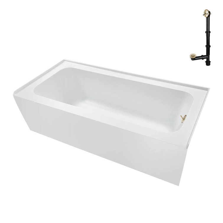 Glossy White Acrylic Rectangular Alcove Bathtub with Polished Brass Drain