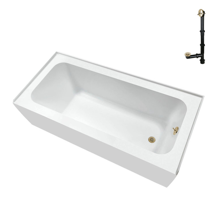 Glossy White Acrylic Rectangular Alcove Bathtub with Polished Brass Drain