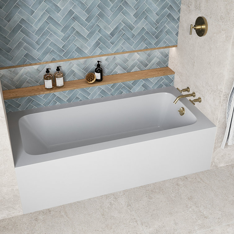 Glossy White Acrylic Rectangular Alcove Bathtub with Polished Brass Drain