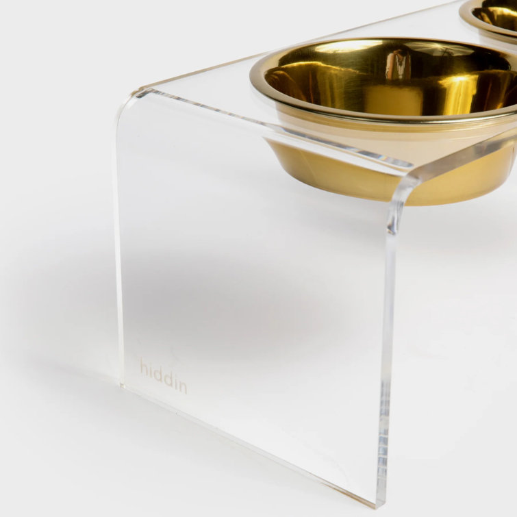 Small Clear Acrylic Double Pet Feeder with Gold Bowls