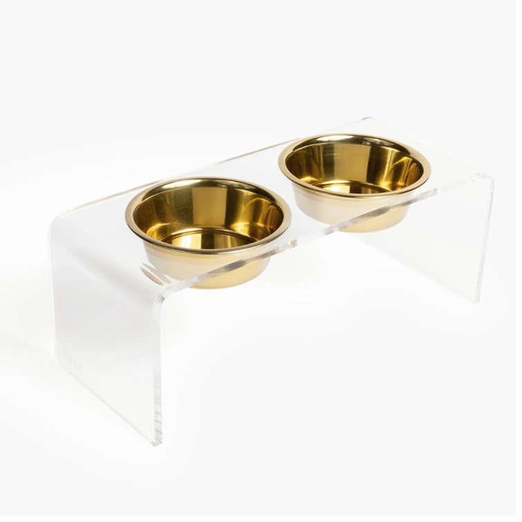 Small Clear Acrylic Double Pet Feeder with Gold Bowls