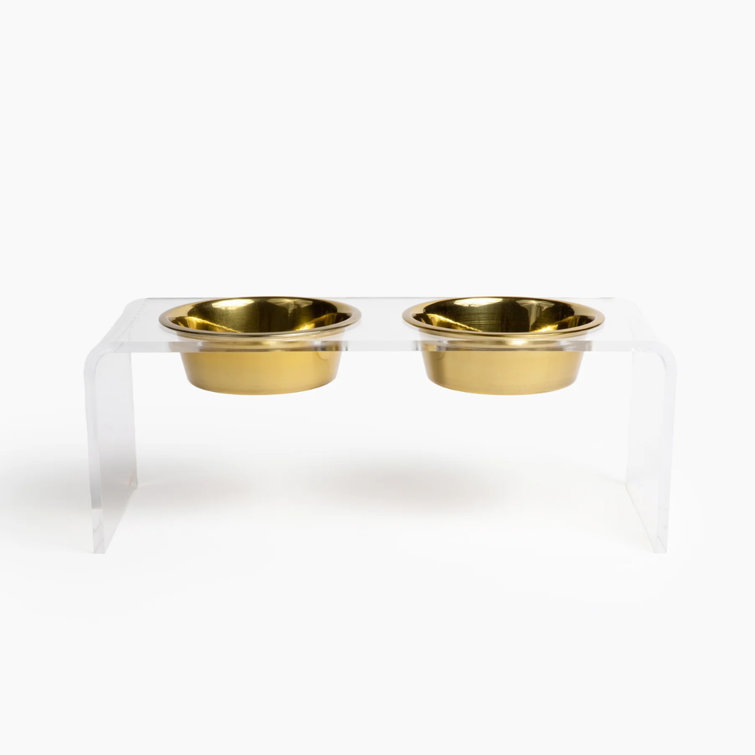 Small Clear Acrylic Double Pet Feeder with Gold Bowls