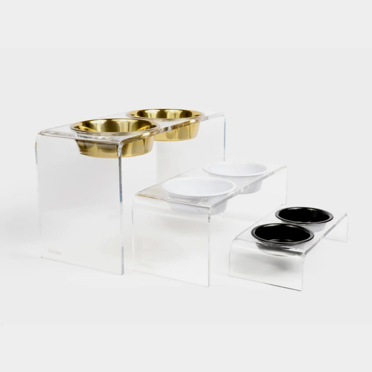 Small Clear Acrylic Double Pet Feeder with Gold Bowls