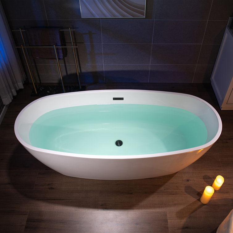 71'' White Acrylic Freestanding Oval Bathtub with Matte Black Drain