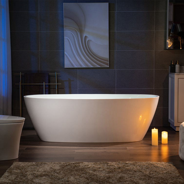 71'' White Acrylic Freestanding Oval Bathtub with Matte Black Drain
