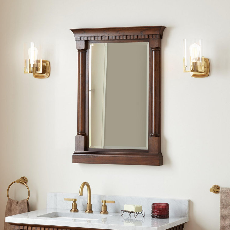 Antique Coffee Mahogany Rectangular Bathroom Mirror with Beveled Glass