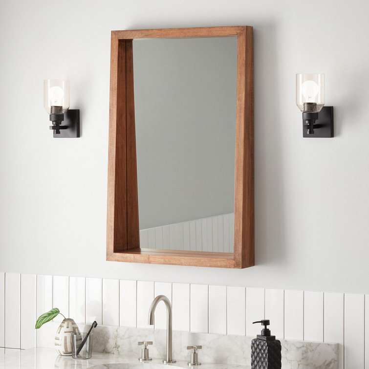 Brown Mango Wood Rectangular Bathroom Vanity Mirror with Shelf