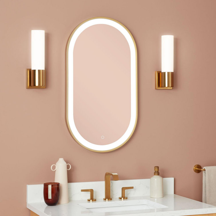 Satin Gold Oval LED Bathroom Mirror with Black Frame
