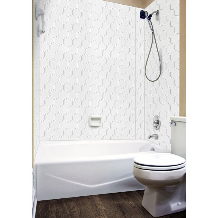 Gloss White Hex Tile PVC Glue-Up Tub and Shower Wall Panels