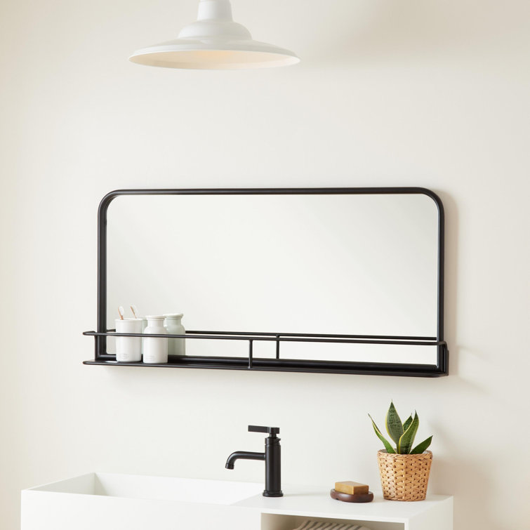 Matte Black Iron Framed Bathroom Vanity Mirror with Shelf