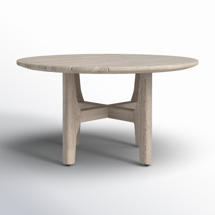 Gray Teak Wood Round Coffee Table with Sculpted Cross Base