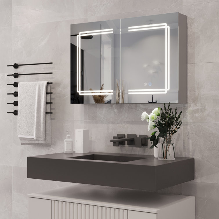 Silver Aluminum LED Medicine Cabinet with Mirror and Bluetooth Speaker