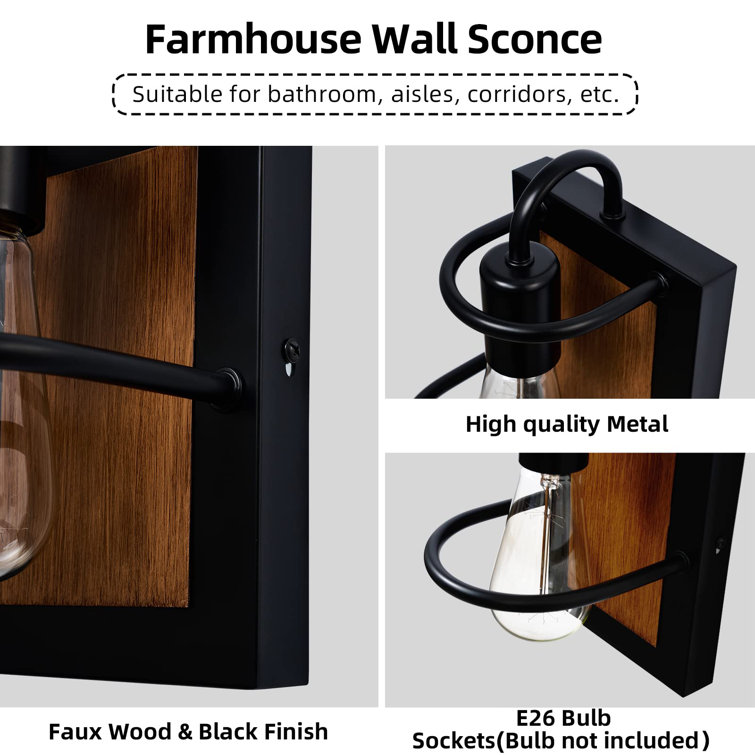 Matte Black Metal and Faux-Wood Wall Sconce