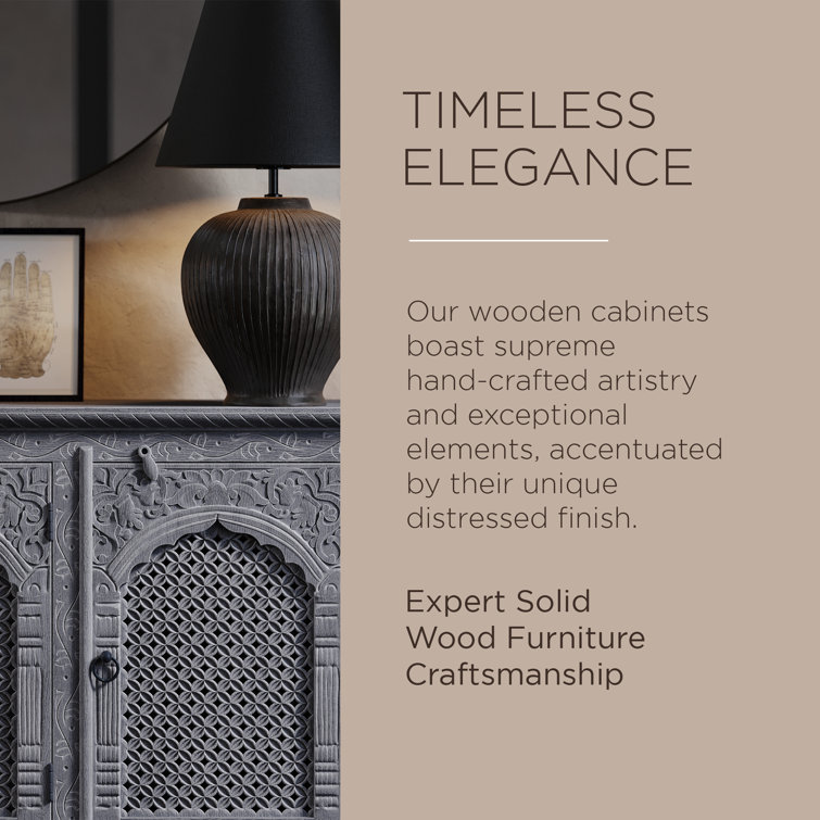 Gray Distressed Handmade Wooden Sideboard with Carved Doors