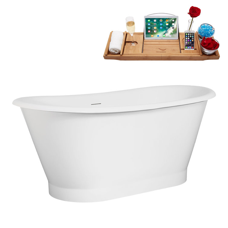 59" Glossy White Acrylic Freestanding Slipper Tub with Matte Black Trim