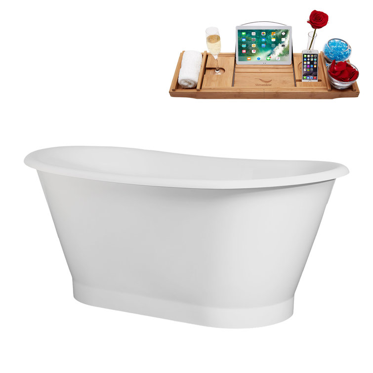 59" Glossy White Acrylic Freestanding Slipper Tub with Matte Black Trim