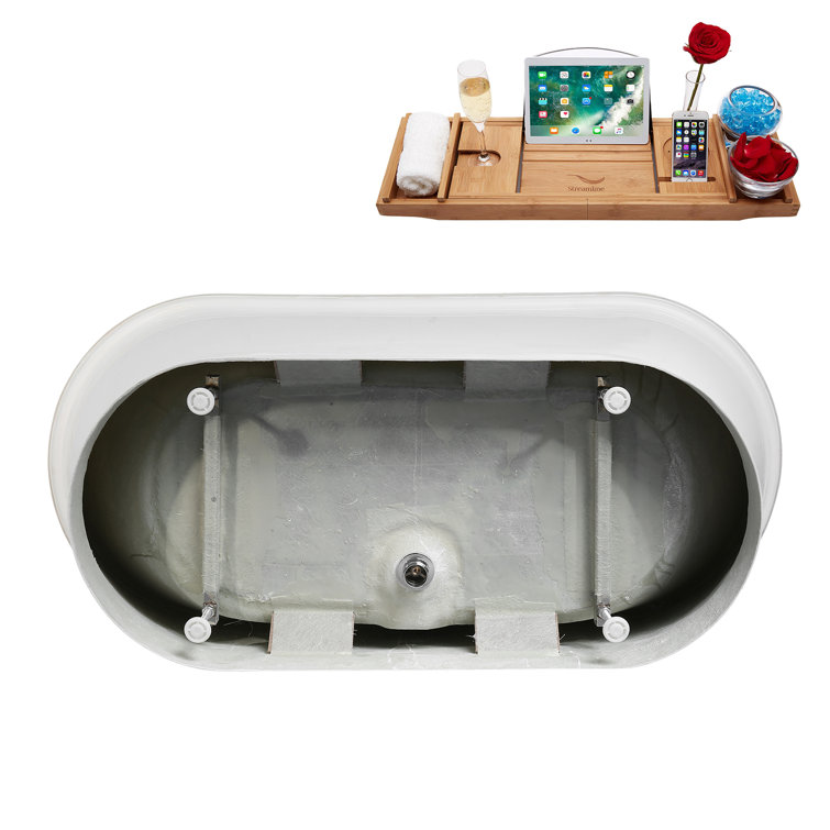 59" Glossy White Acrylic Freestanding Slipper Tub with Matte Black Trim
