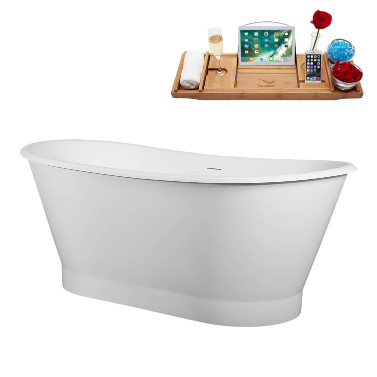67" Glossy White Acrylic Freestanding Soaking Bathtub with Bamboo Tray