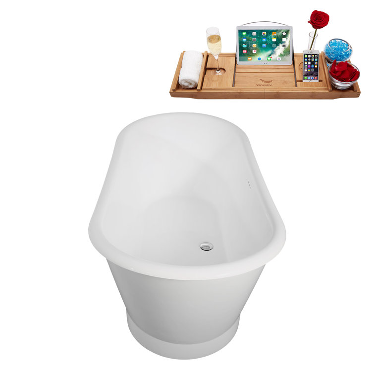 67" Glossy White Acrylic Freestanding Soaking Bathtub with Bamboo Tray