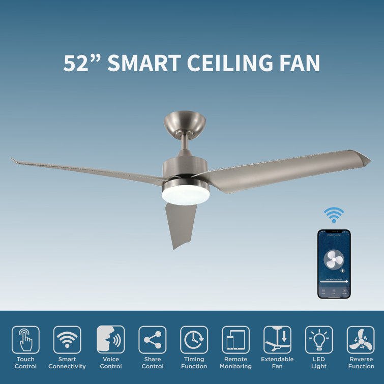 Smart Silver 52" Ceiling Fan with LED Light and Remote