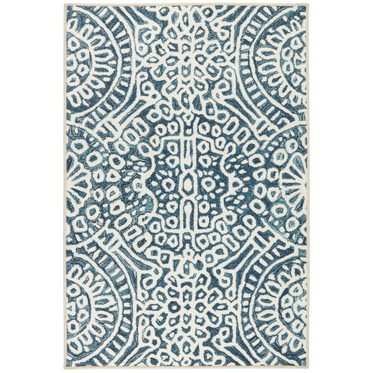 Blue and White Geometric Washable Synthetic Rug 2' x 3'