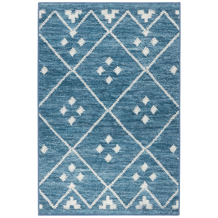Indigo Blue Diamond Pattern Washable Synthetic Rug 2' x 3'